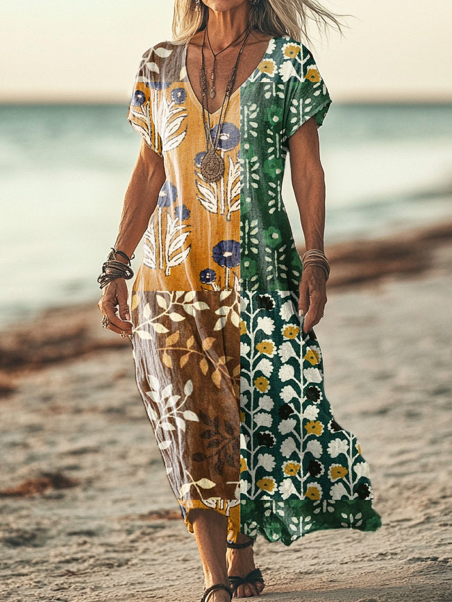 Women's Vintage Floral Patchwork Art Print Pocket Cotton Dress
