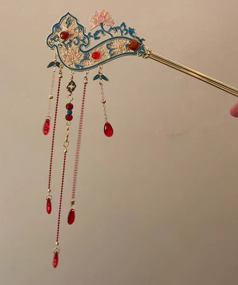 Retro Red Alloy Hollow Out Cloisonne Tassel a Pair Hairpin