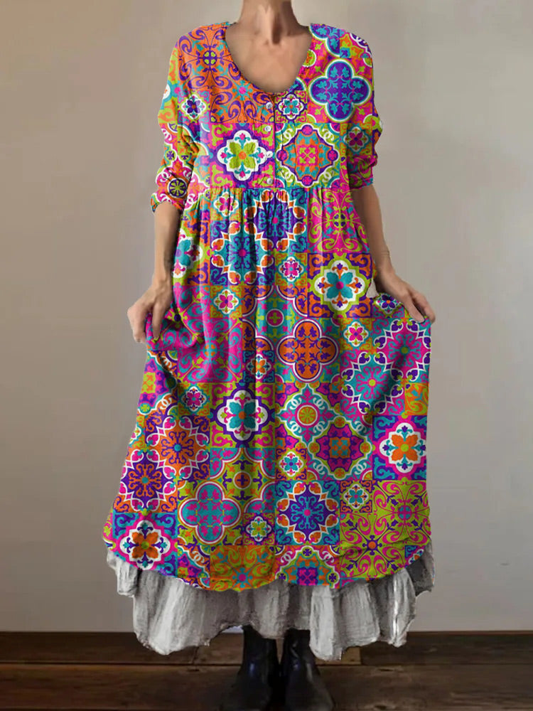 Women's Art Painting Hippie Vintage Floral Print V Neck Dress