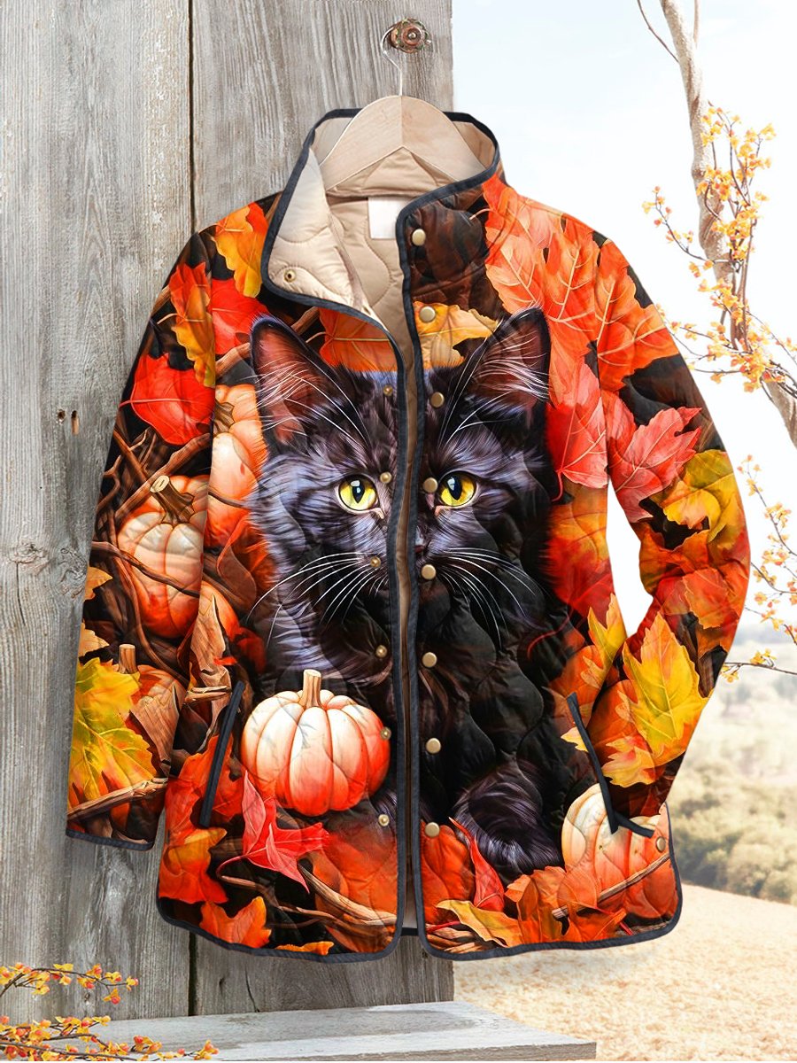 Women's Cozy Season Cat Print Casual Quilted Cardigan