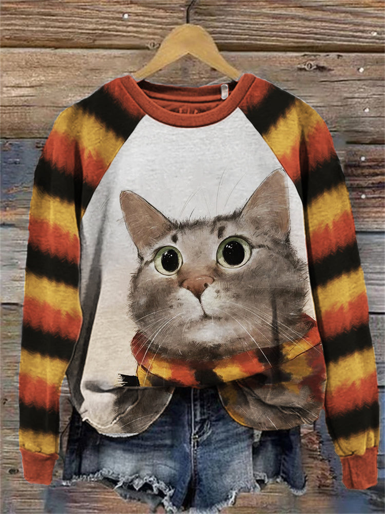 Fall Cat with Scarf Colorblock Raglan Sweatshirt elevenforest