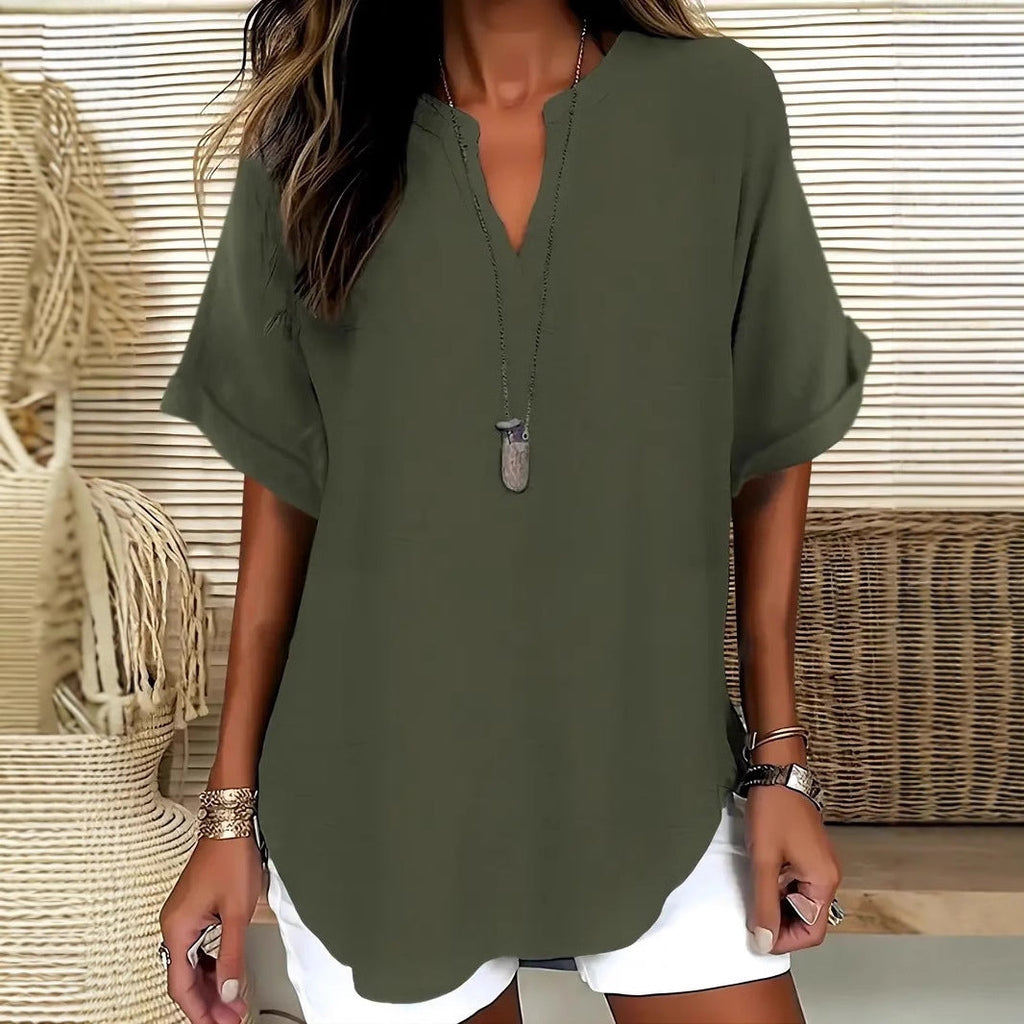 Comstylish Solid Color V-neck Short Sleeve Linen Blend Blouses