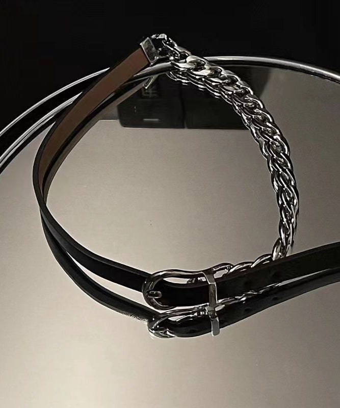Black Alloy Chain Patchwork Leather Choker