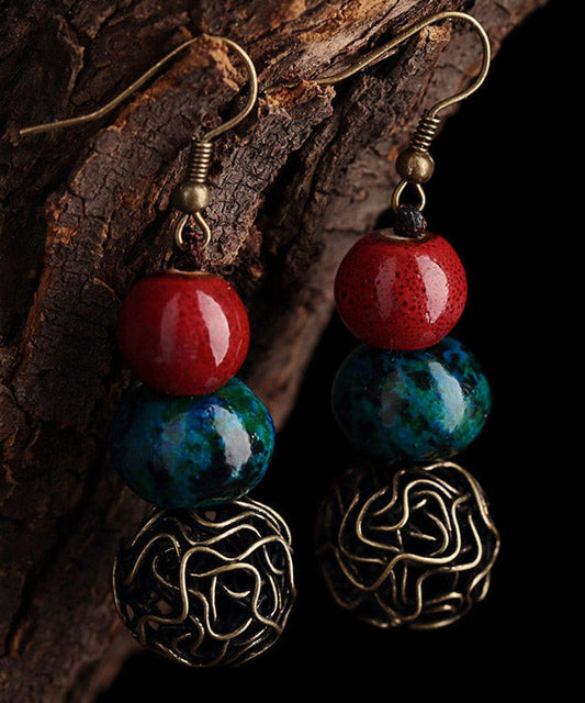 Red Sterling Silver Overgild Drop Jade Ceramics Earrings
