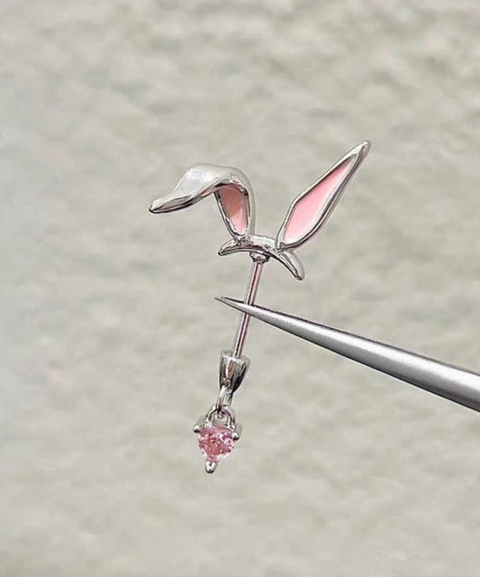 Fine Pink Stainless Steel Little Rabbit Arc Love Single Stud Earrings