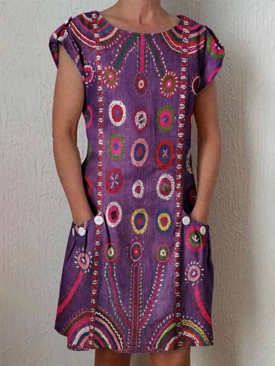 Women's Classic Kantha Vintage Floral Pattern Dress with Pockets