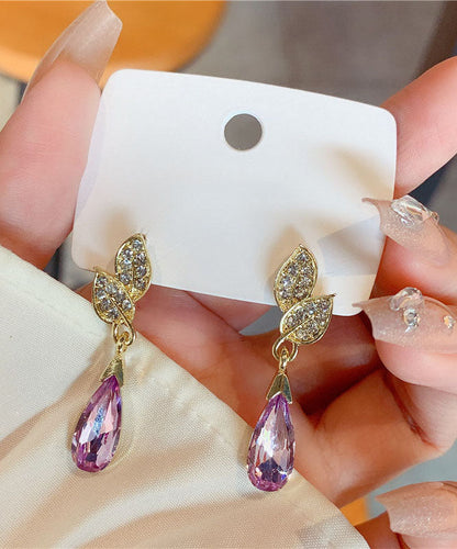 Style Gold Copper Inlaid Zircon Crystal Leaves Water Drop Drop Earrings