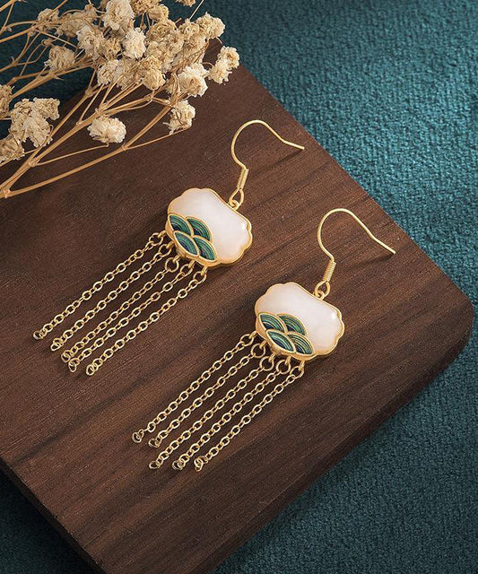 White Ancient Gold Inlaid Jade Enamel Tassel Drop Earrings