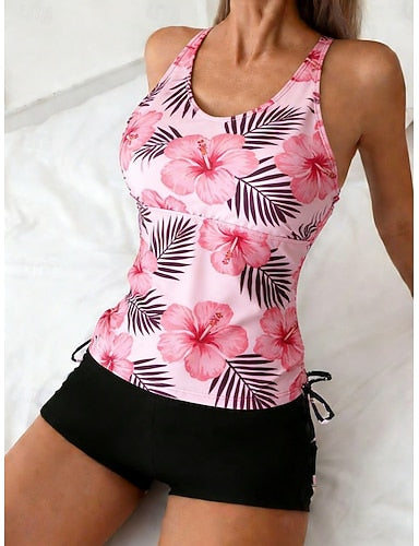 Swimwear Tankini 2 Piece High Waist Swimsuit Tummy Control High Waist Slim Backless Vacation Beach Wear U Neck Sleeveless Bathing Suits