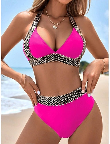 Bikini 2 Piece Swimsuit Colorblock Briefs Slim Backless Vacation Beach Wear Color Halter Neck Sleeveless Bathing Suits