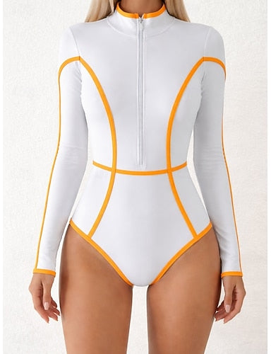 Swimwear One Piece Briefs Swimsuit Zip Up Patchwork Vacation Beach Wear Color Block High Neck Long Sleeve Bathing Suits