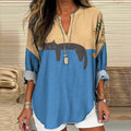 Abstract Creative Lazy Black Cat Painting Art Pattern Women's Linen V-Neck Shirt elevenforest