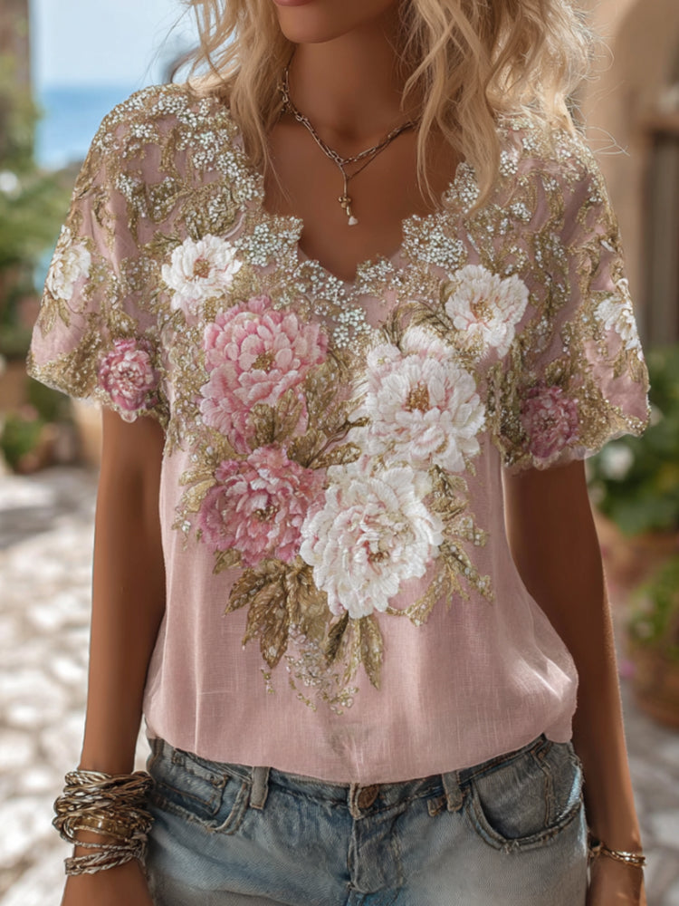 Women's Bohemian Pink And White Peony Embroidered Linen V-neck Short Sleeves elevenforest