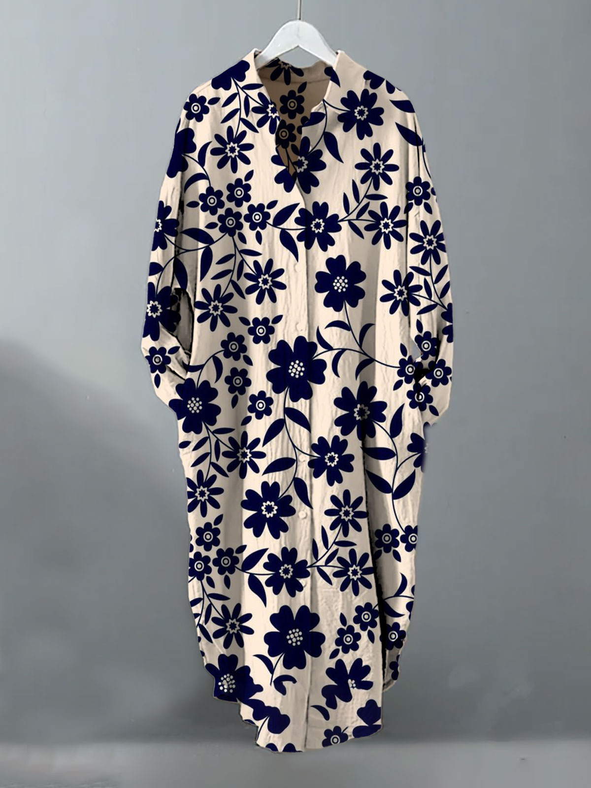 Retro Flower Print Casual Long Sleeve Shirt Dress