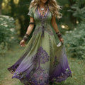 Women's Vintage Viking Tree Of Life Floral Stitching Casual V-neck Dress artswardrobe