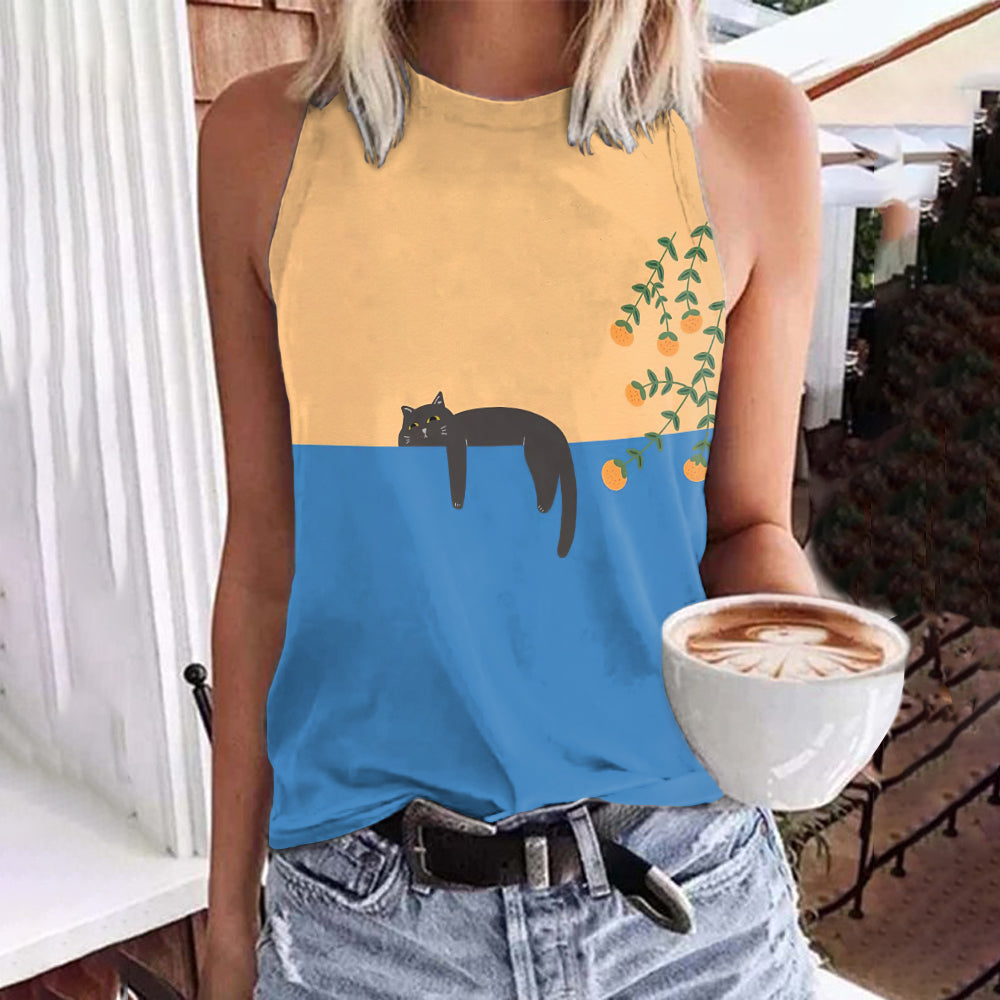 Abstract Creative Lazy Black Cat Painting Art Tank Top elevenforest