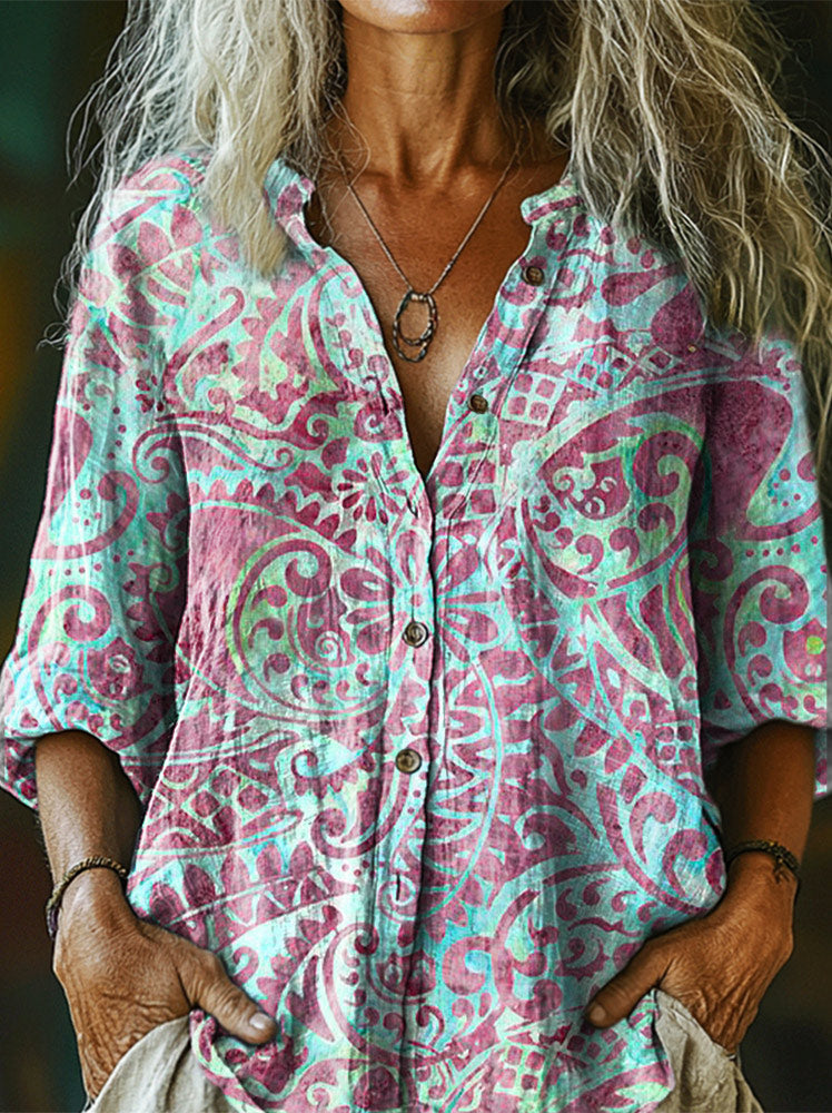 Women's Art Floral Hippie Vintage Print Long Sleeve Shirt