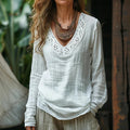 Elegant Lace Embroidery Floral Art Print Long Sleeve V-neck Shirt artswardrobe