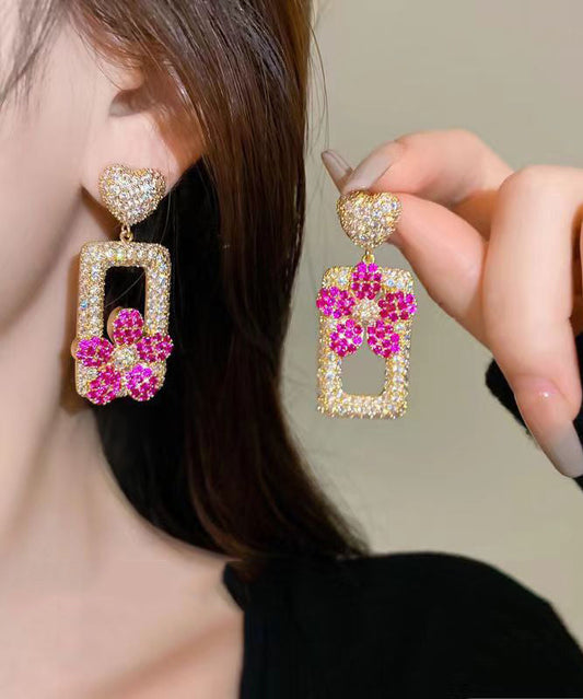 Modern Rose Sterling Silver Overgild Zircon Love Rectangular Shape Drop Earrings