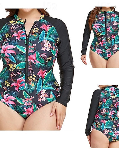 Bathing Suit One Pieces Rash Guard Tropical Zip Up Uv Protection Elastic Long Sleeve Swimwear Surfing Beach Vacation Summer