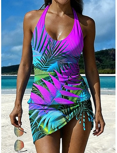 Swimwear Tankini Skirt Swimsuit Drawstring Knit Vacation Graphic U Neck Sleeveless Bathing Suits