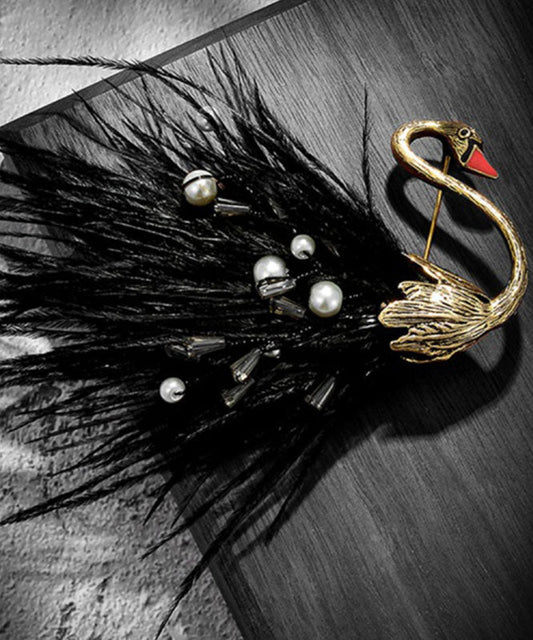 Black Alloy Pearl Swan Feather Brooches