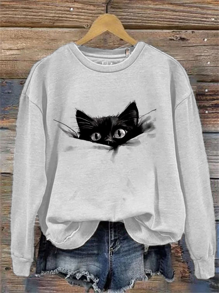 Women's Casual Funny Black Cat Print Sweatshirt elevenforest