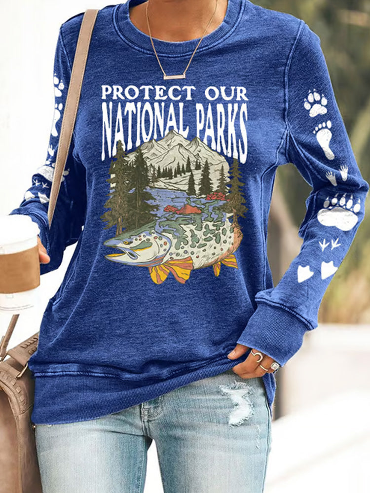 Comstylish Women's Protect Our National Parks Print Round Neck Sweatshirt