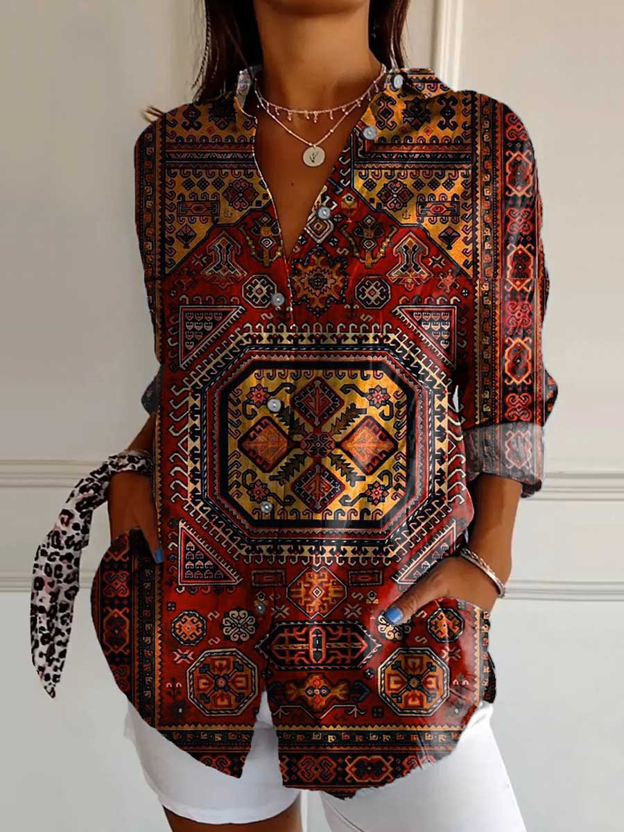 Women's Ethnic Pattern Art Print Casual Cotton Shirt