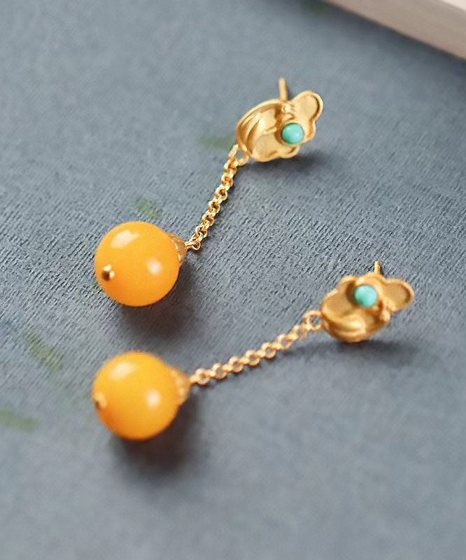Yellow Sterling Silver Overgild Beeswax Turquoise Drop Earrings