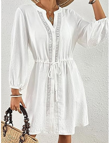 Knee Length Dress White Dress Beach Dress Black Dress Cover Up Classic Lantern Sleeve Daily Outdoor Beach Loose Fit Plain Long Sleeve Stand Collar Black White Summer Spring