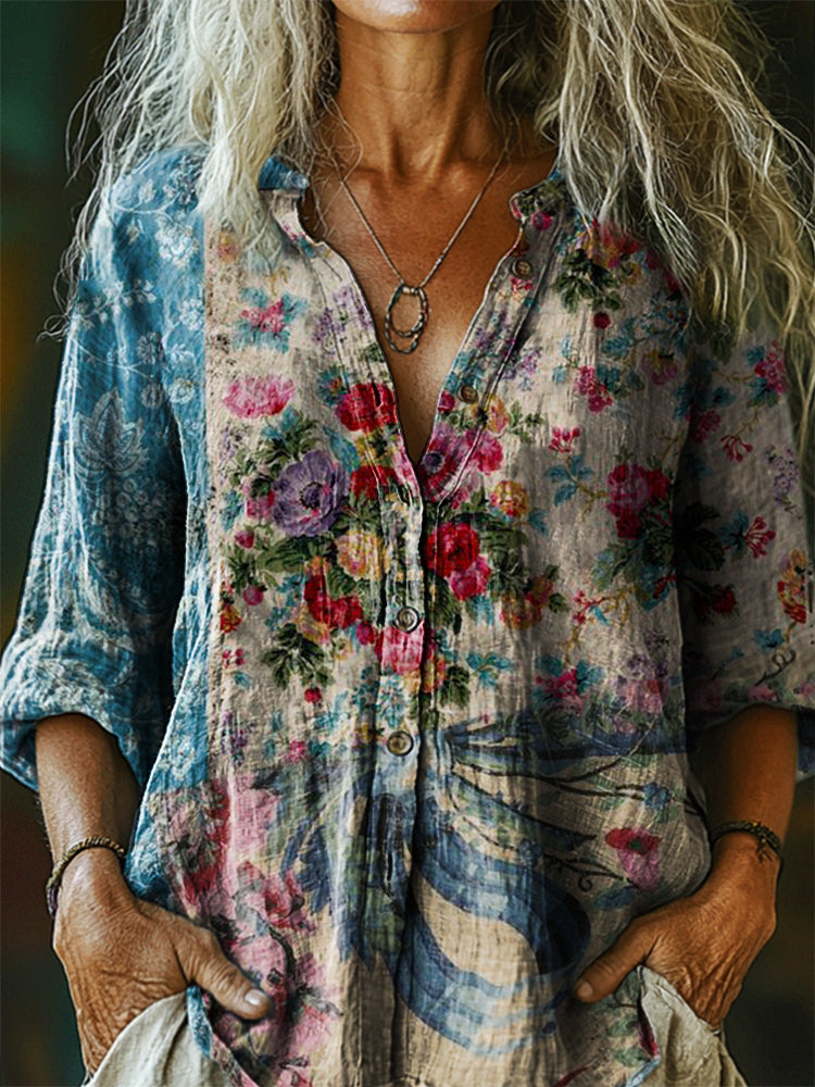 Women's Vintage Ethnic Floral Art Print Casual Cotton Linen Shirt