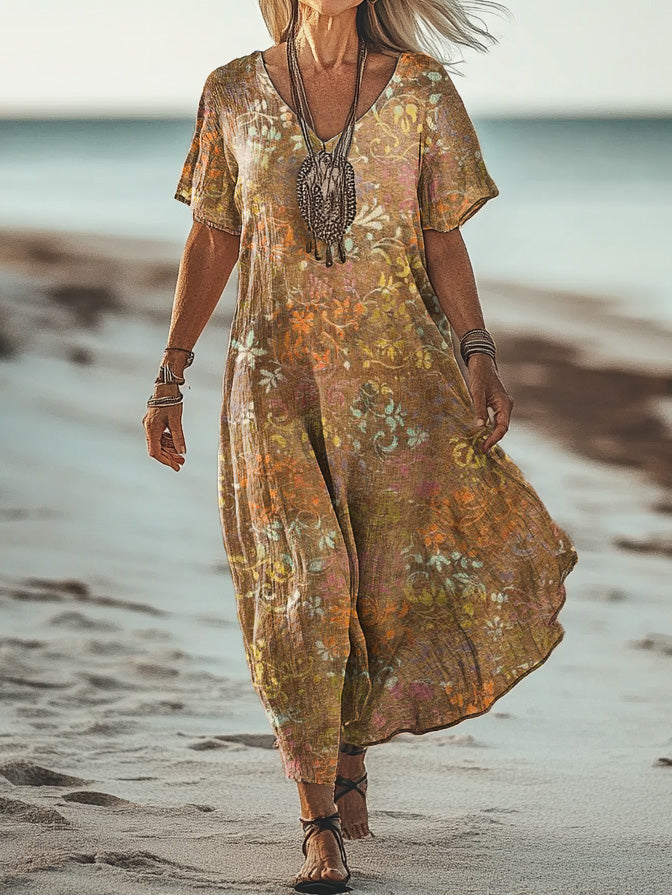 Women's Art Floral Hippie Vintage Print V Neck Dress