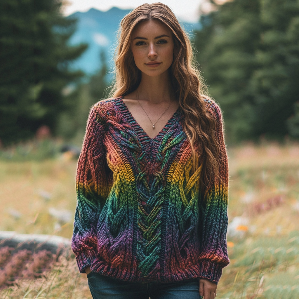 Classic Celtic Chunky Rainbow Color V Neck Cozy Sweater artswardrobe
