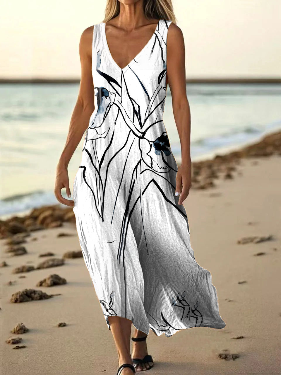 Women's Floral Art Print Pocket Cotton Dresses