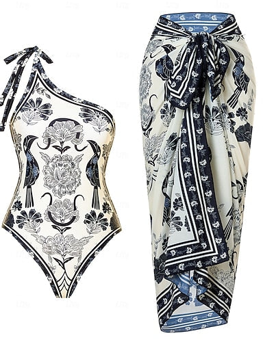 Swimwear One Piece 2 Piece Monokini Skirt Swimsuit Tummy Control High Waist Slim Backless Vacation Tropical Graphic Asymmetric Neck Sleeveless Bathing Suits