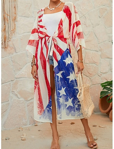 Swimwear Cover Up Swimsuit Vacation Beach Wear Flag V Neck Long Sleeve Bathing Suits