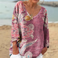Vintage Floral Print V-neck Loose Linen Blend T-shirt artswardrobe