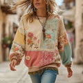 Comstylish Women's Retro Bohemian Floral Stitching Comfortable Crew Neck Sweatshirt