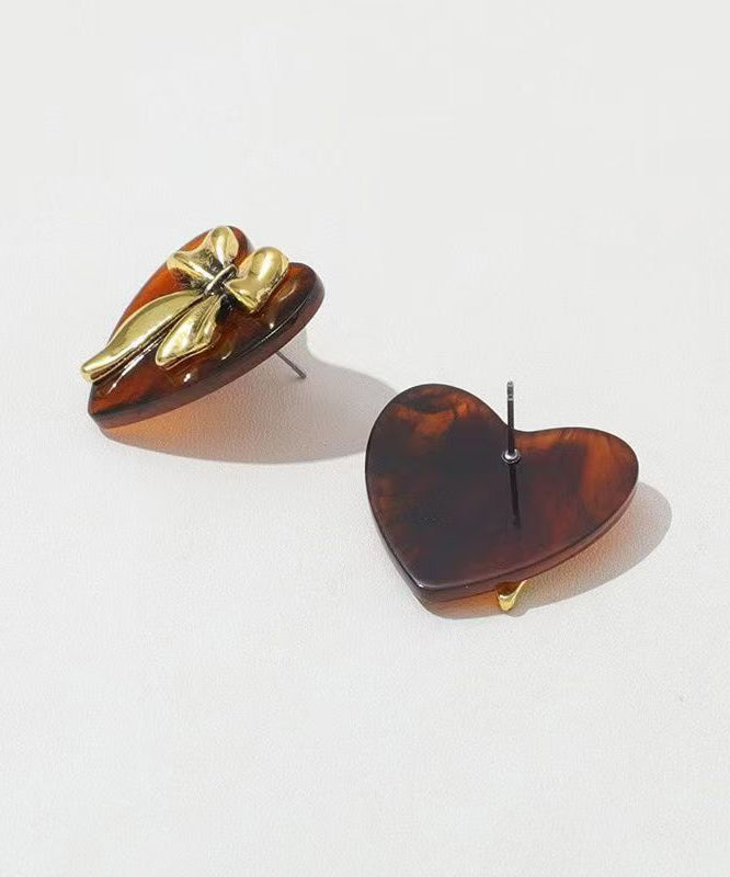 New Brown Sterling Silver Inlaid Love Acrylic Bow Stud Earrings
