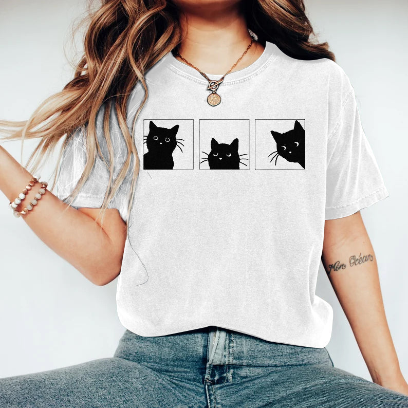 Women's Abstract Creative Cute Black Cat Art Print T-shirt elevenforest