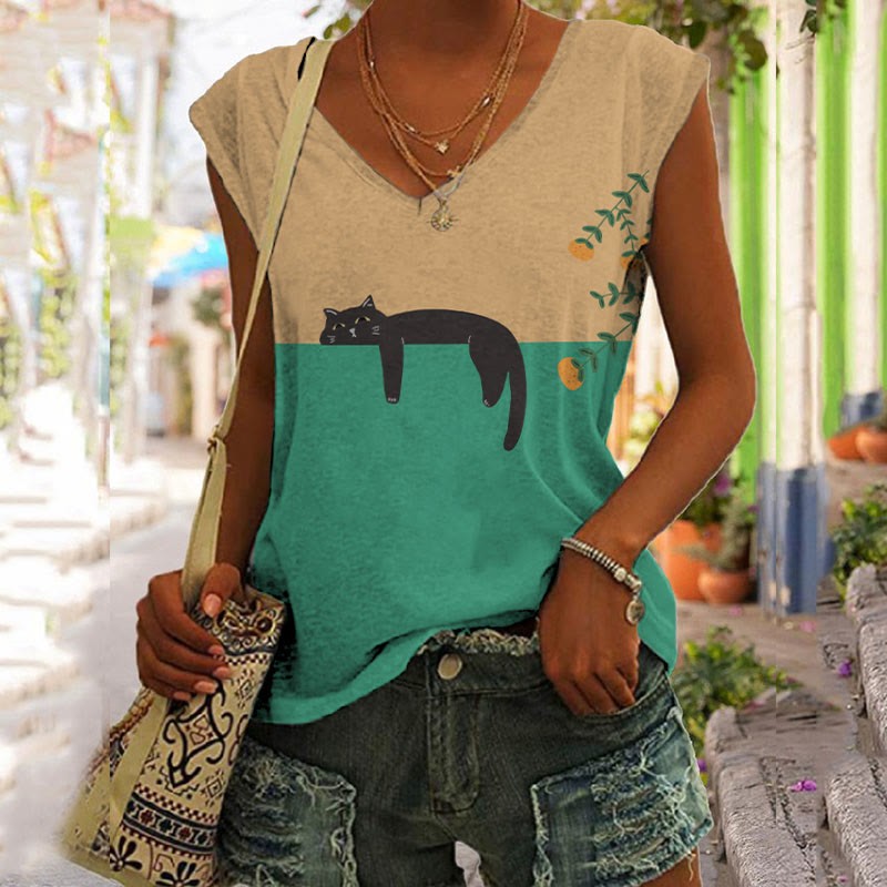 Abstract Creative Lazy Black Cat Art Painting Art Tank Top elevenforest