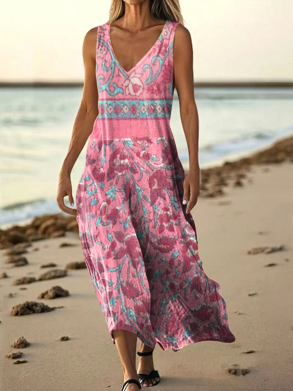 Women's Vintage Bohemian Folk Floral Collage Print V Neck Sleeveless P