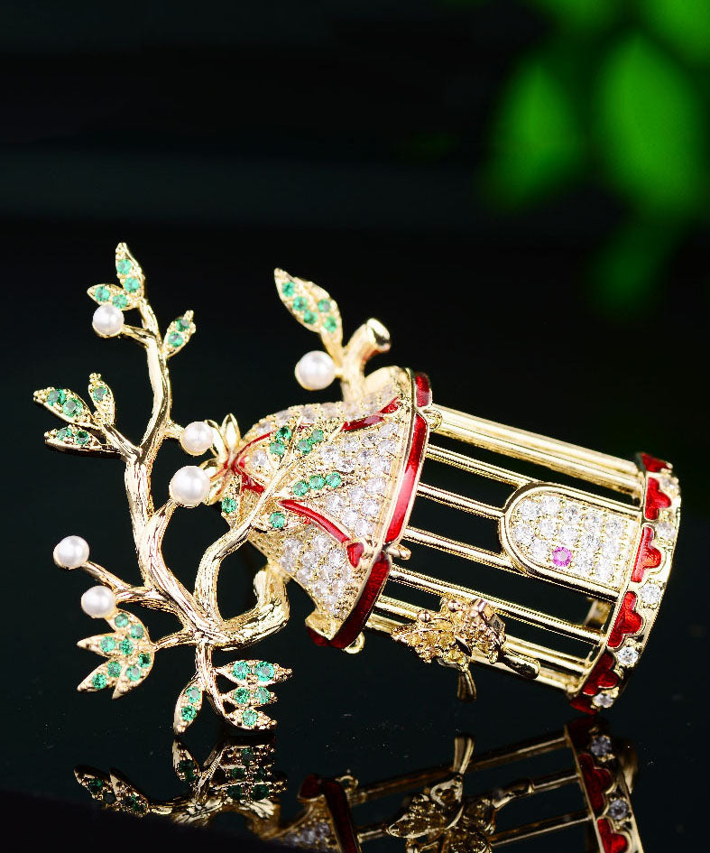 Yellow Zircon Crystal Pearl Bird Cage Brooches