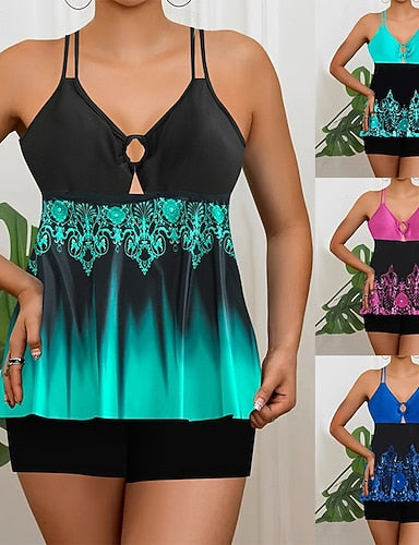 Tankini 2 Piece Swimsuit Shorts Tummy Control High Waist Slim Backless Vacation Beach Wear Ombre Color Block V Neck Sleeveless Bathing Suits