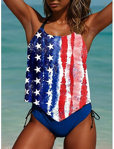 Independence Day American Swimwear Tankini High Cut Swimsuit Active Vacation Graphic V Neck Sleeveless Bathing Suits
