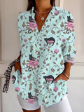 Comstylish Women's Vintage Floral Cat Cotton And Linen Shirt