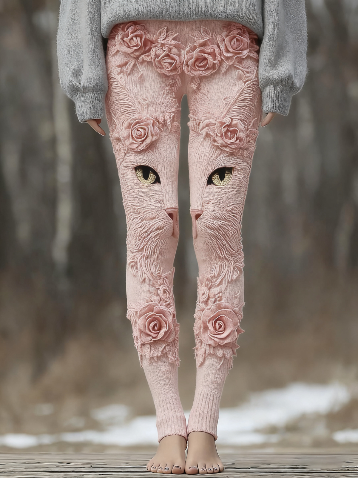 Comstylish Vintage Cute Cat Face With Roses Art Embroidered Cozy Knit Leggings