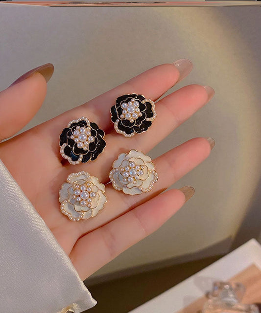 Diy Black Sterling Silver Alloy Pearl Oil Drip Stud Earrings
