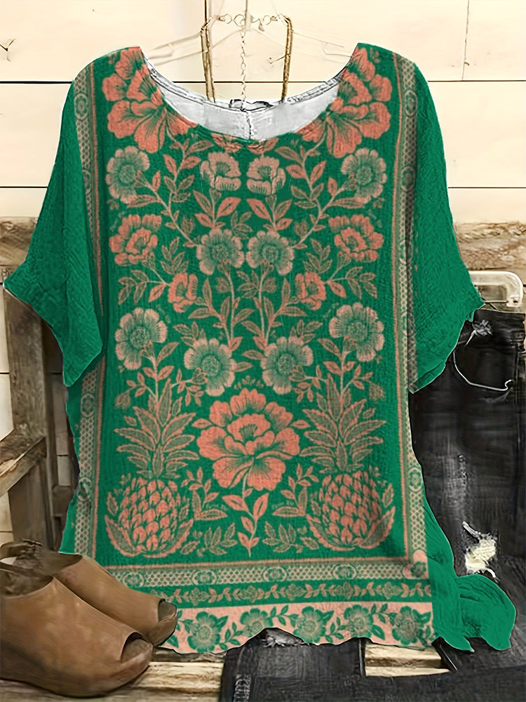Vintage Floral Art Print Casual Linen Blend Shirt